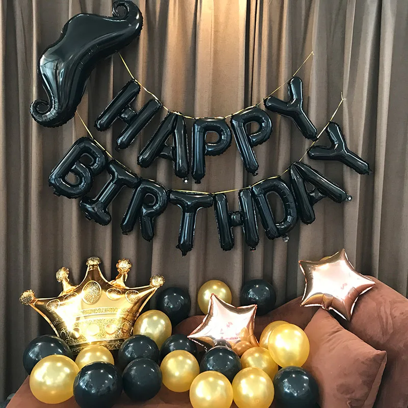 37 шт./лот, Черное золото, стильные фольгированные шары на день рождения, с надписью «Happy birthday», вечерние, Декор, корона, борода, баллон гелия вечерние, для душа