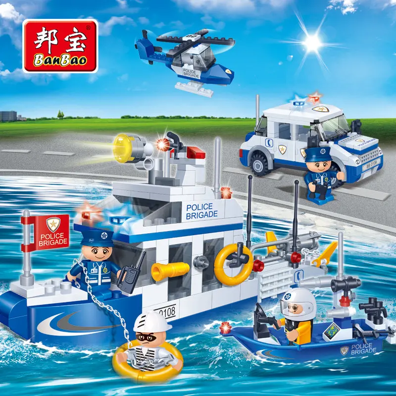

BanBao Police Educational Building Blocks Toys For Children Kids Gift City Hero Weapon Car Helicopter Boat Stickers