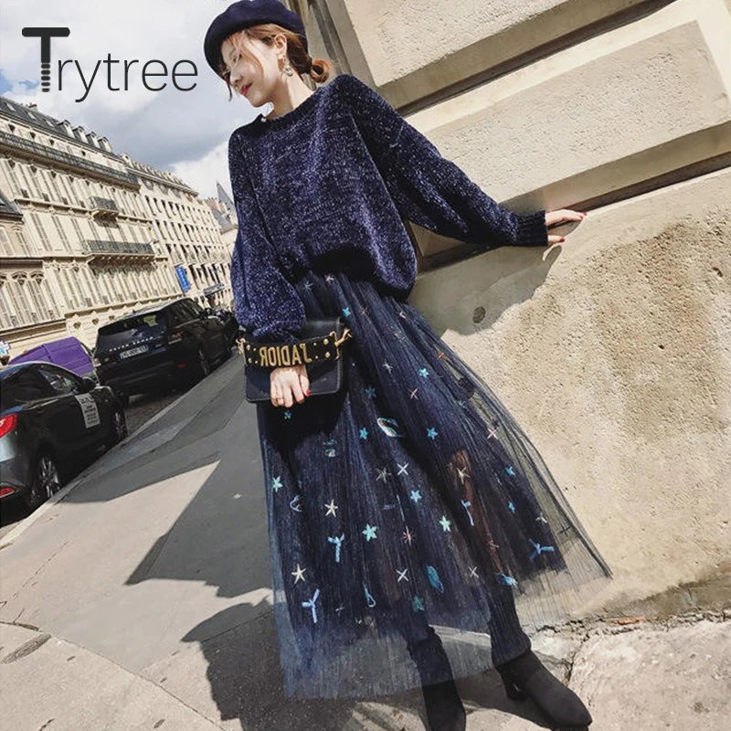Trytree осенне-зимний женский комплект из двух предметов, романтичный Блестящий свитер, топ+ юбка с аппликацией, сетчатый костюм с эластичной талией, комплект из 2 предметов
