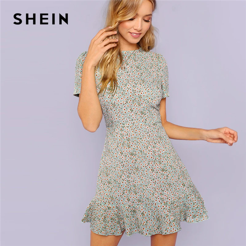 SHEIN многоцветное рельефное платье с цветочным принтом и оборками, Элегантное повседневное облегающее и расклешенное платье, женское летнее платье трапециевидной формы