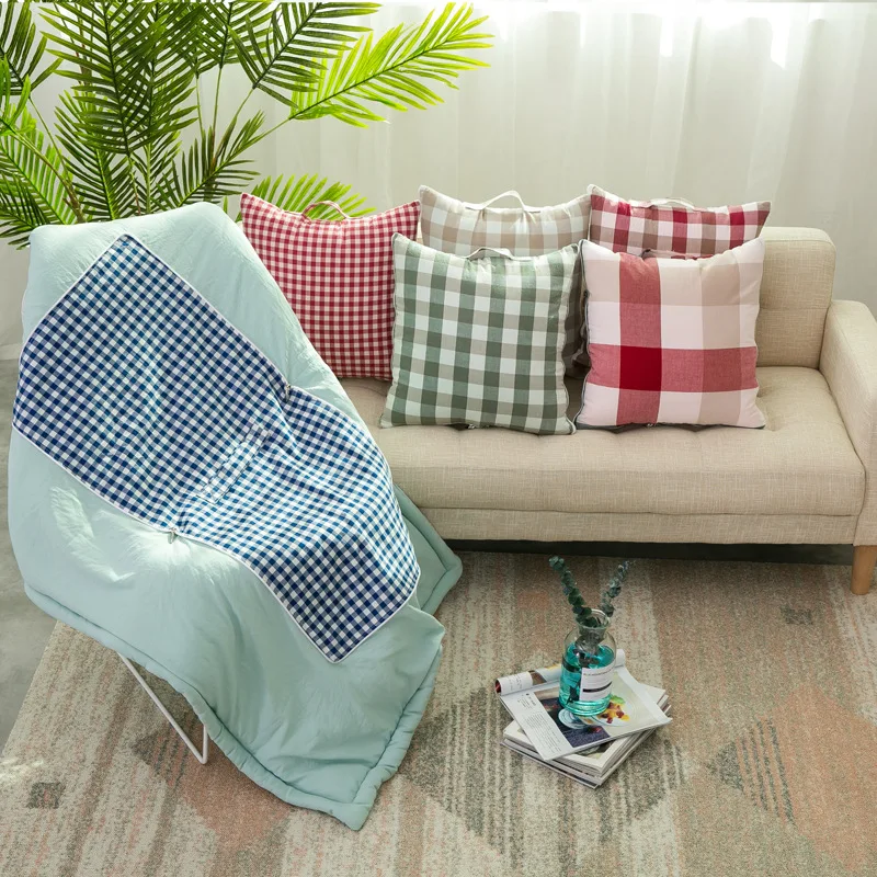 

Lattice Series Pink Blue Washed Cotton Pillow Quilt Multifunctional Portable Car Travel Summer Hand 2 in 1 Cushion Blanket Quilt