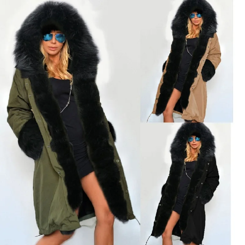 2017 Black Women Fur Parkas Hooded Long Coat Outwear Large Real Fur