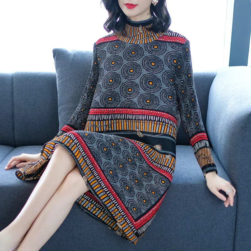 

Plus Size Dress Miyake Pleats 2019 Women New Ethnic style Print Turtleneck Long Sleeve Elegant Loose Miyake Pleats Women Dress