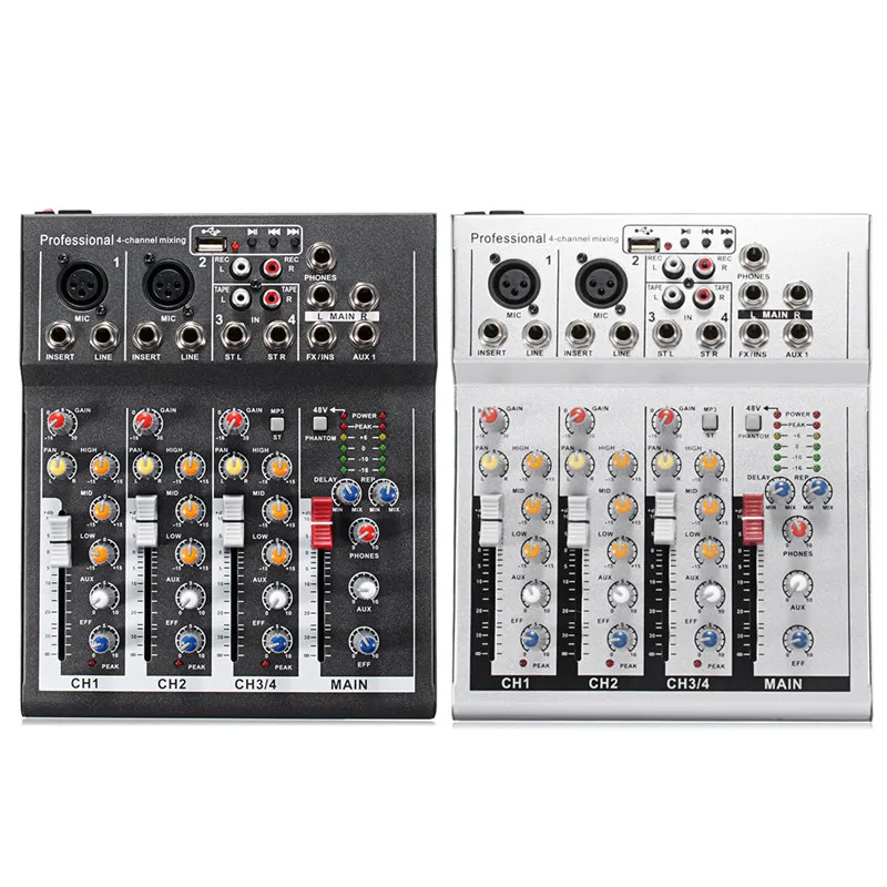 

Black White 4 Channel Professional Live Mixing Studio Audio Sound Console 48V USB Mixer Console Network Anchor Sound Card