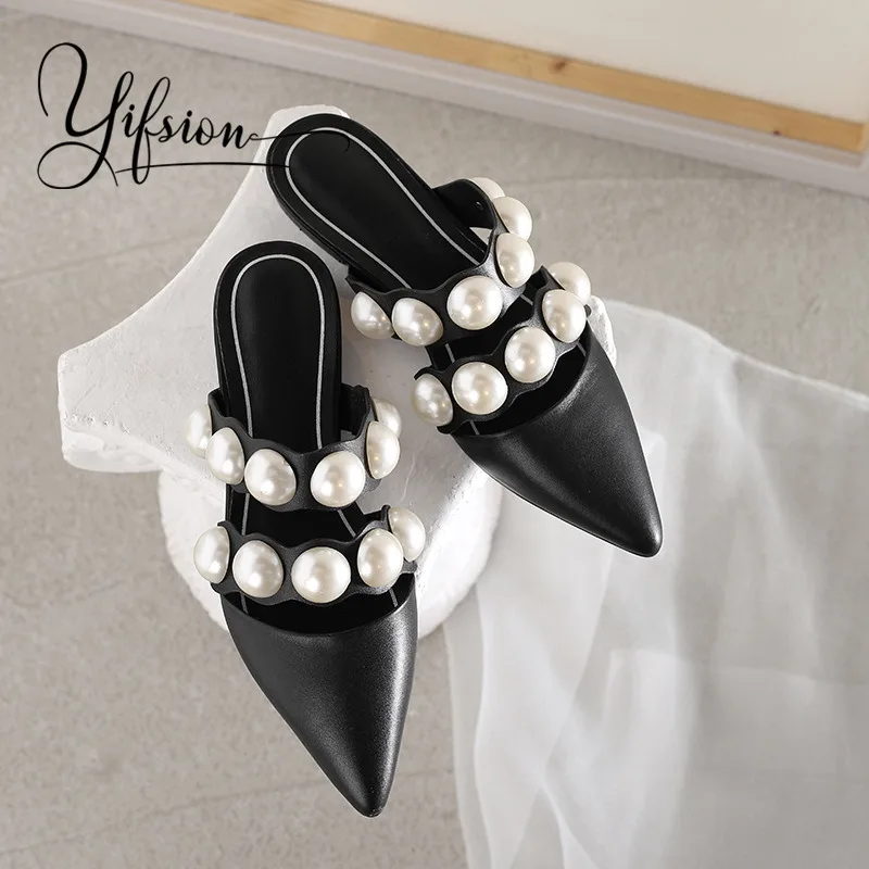 

YIFSION New Fashion Spring Summer Slippers Pointed Toe Pearls Black Women Casual Mules Shoes Slippers Casual Shoes Woman