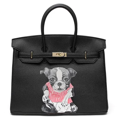 

Graffiti Handbags Genuine Leather Womens Handbag Famous 35CM Black Travel Bags Totally Made By Hand Custom Dog Art Design Gifts