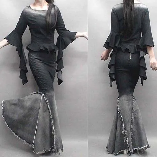 

2017 Autumn and Winter New Arrival Gradient Black Color Denim Fishtail Skirt Women's Large Bottom High Waist Denim Skirt