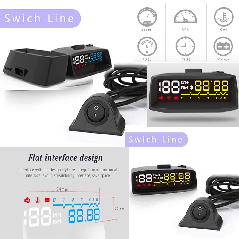 

Universal Swich line Auto HUD Lighting Car HUD head up displays OBD2 Euro Outlet water temperature voltage display 3.5 inches