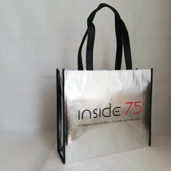 

Reusable Tote Bags with your logo 500pcs/lot Custom Metallic Non-woven Fabric Silver Laser Lamination Promotional New Store Bags