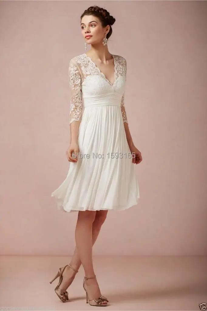 New Custom Made White Ivory 3 4 Sleeve V Neck Short Lace Chiffon New Custom Made White Ivory 34 Sleeve V Neck Short Lace Chiffon Wedding Dress 1