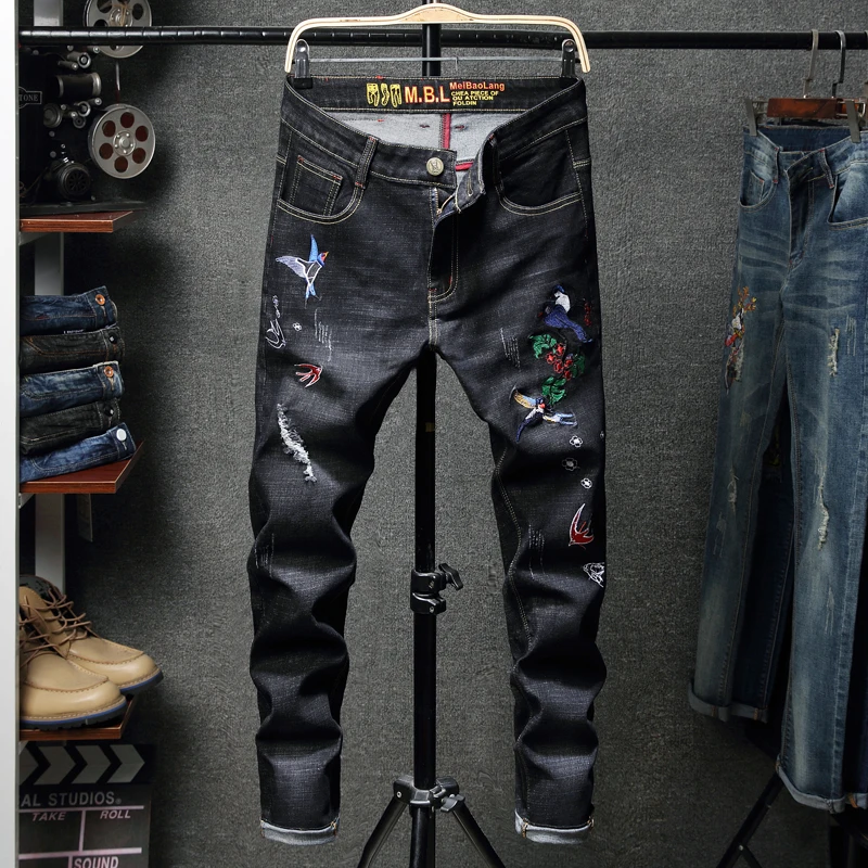 

GuaPai spring 2019 collection men heavy embroidery mill white elastic men jeans - P55 QT3020-3168