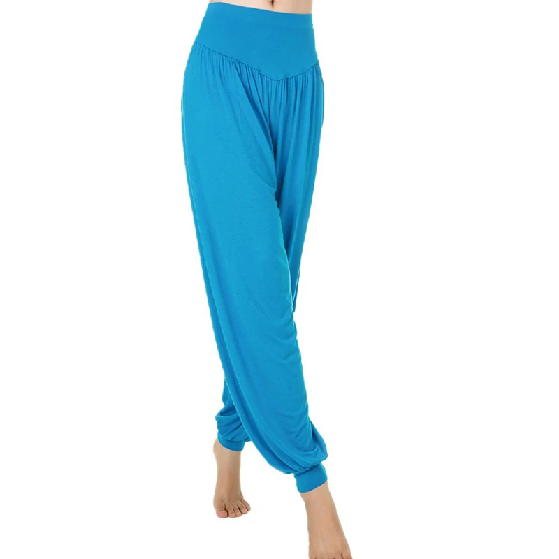 LANBAOSI Для женщин Кальсоны йоги Высокая талия широкие брюки свободные дышащие спортивные штаны-шаровары Фитнес Танец Упражнение Длинные шаровары Мотобрюки - Цвет: sky blue