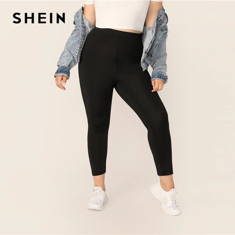 SHEIN, черные однотонные леггинсы размера плюс,, женские повседневные укороченные базовые Длинные обтягивающие леггинсы для фитнеса, эластичные спортивные Леггинсы Плюс, штаны