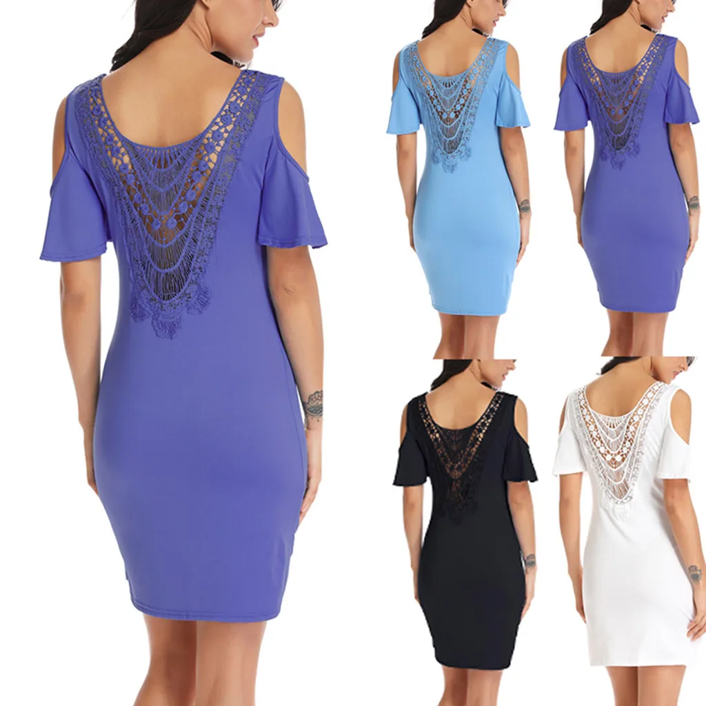 

2019 party dress plus size dresses for women 4xl 5xl 6xl Women Casual Solid Strapless Cold Shoulder Back Lace Insert Mini Dress