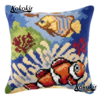 

handmade embroider Needlework kits knitting needles kit pillowcase ocean fish cross stitch decorative pillow kits 3d mat sets