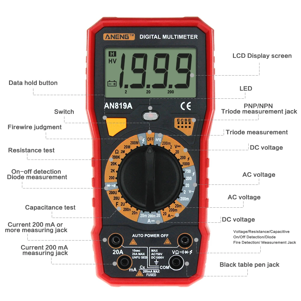 ANENG AN819A цифровой мультиметр AC/DC Напряжение Амперметр Емкость Сопротивление Триод Тестер измеритель тока+ Крокодил Зажимы