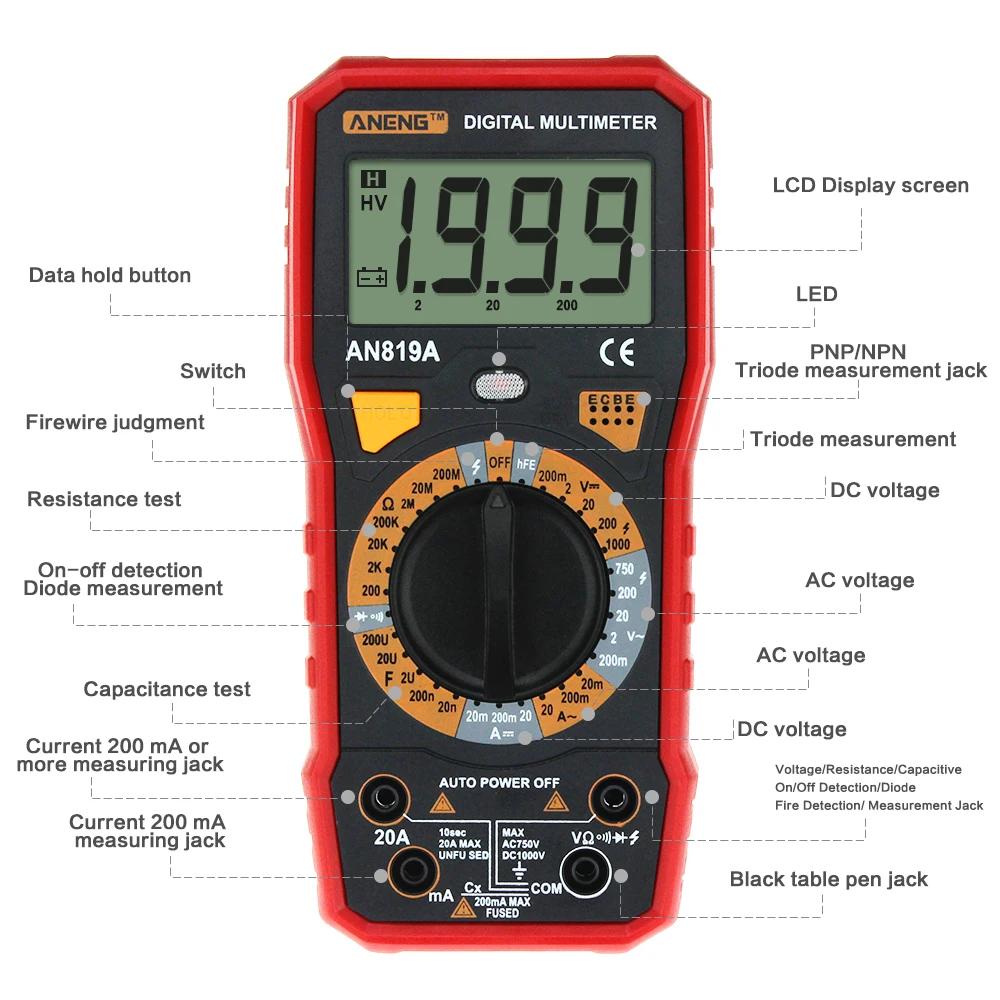 Skup ANENG AN819A cyfrowy multimetr AC DC amperomierz pojemnościowy Tester triody miernik prądu + klipsy krokodylkowe