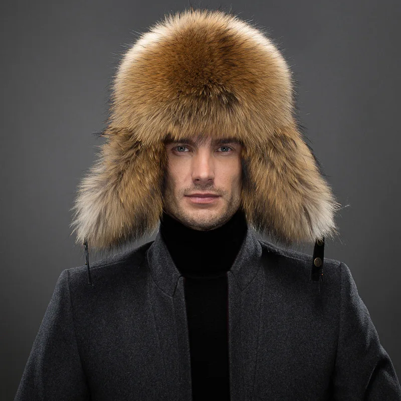 Russia Style Man Fashion Real Fur Warm Earflap Bomber Cap Male Trapper Fur Hat in Bomber Hats
