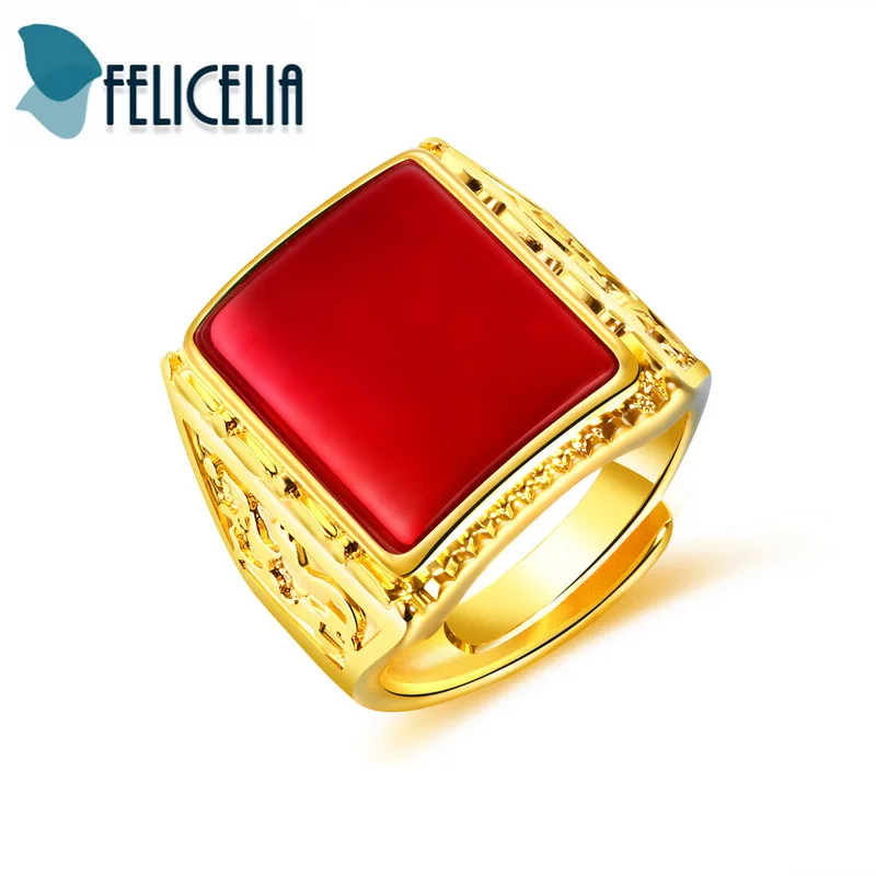 

Felicelia Adjustable Men Gold Color Ring Luxury Wedding Band Red/ Green/ Black Stone Signet Ring Jewelry Big Width