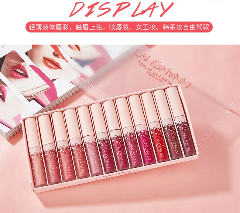 Batom à Prova Líquido de Veludo Kit de Maquiagem Langmanni Matte d' Água Sexy Hot Long-lasting Batom Mate Gloss Labial Conjunto 12 Pçs - Set 20 Líquido de Veludo Mate Gloss Labial Conjunto Kit de Maquiagem