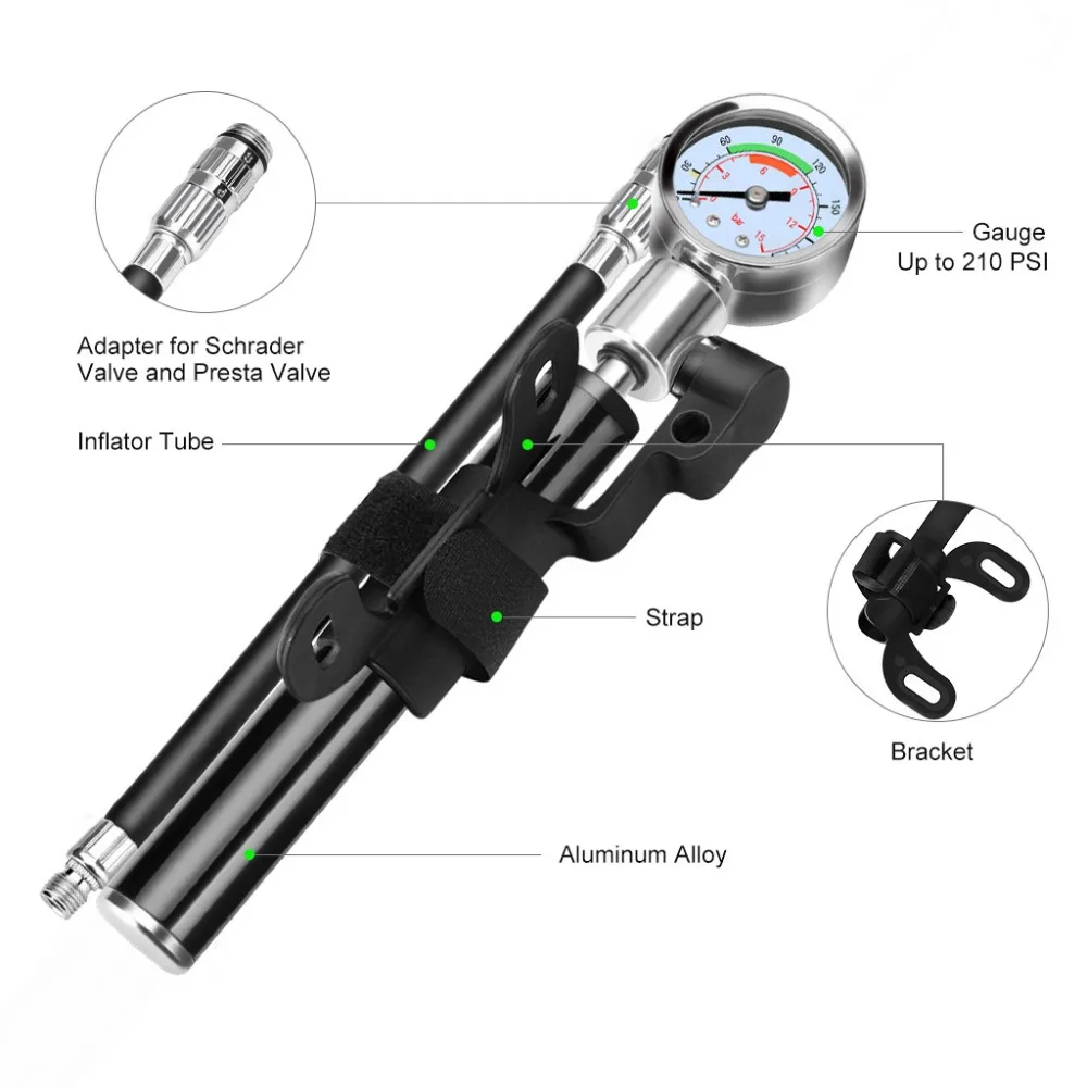 Mini Bicycle Pump With Pressure Gauge 210 Mountain Bike Cycling Pump Ball Road Tire Bike Pump Tire repair tool Bicycle bag
