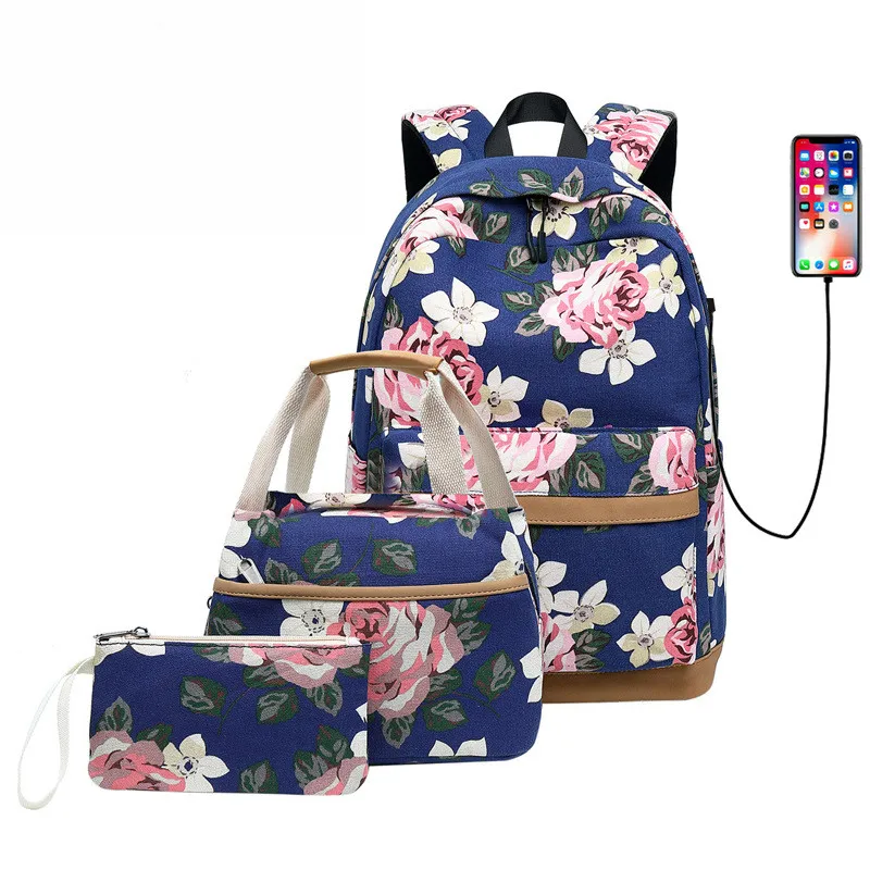 

2019 new Korean fashion print backpack multifunction USB external interface computer backpack student canvas bag three-piece