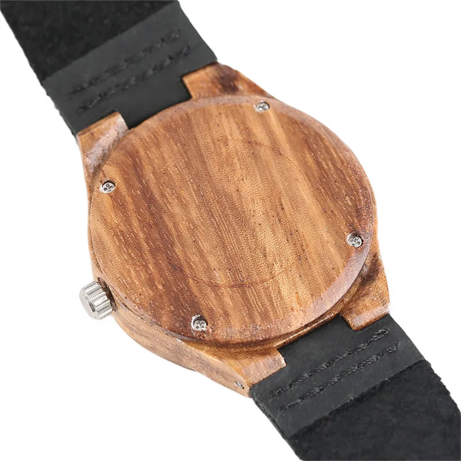 Natural Fashion Stripe Zebra Handmade Wood Bamboo Wooden Watches Women Round Dial Leather Band Analog Quartz Wristwatch (3)