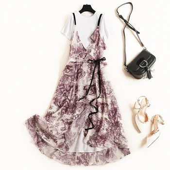 

Chiffon Dress 2019 Summer Solid Color T-shirt Frill Trim Lace up Waist Irregular Print Dress