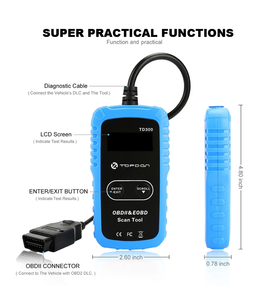 TOPDON TD300 OBD2 сканер автомобильный считыватель кодов для проверки двигателя светильник выключения I/M мониторинг состояния готовности