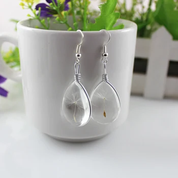 

2pair 25X18MM Glass Tear Drop Dandelion Seeds earrings,Real Dandelion Seeds Handblown Glass