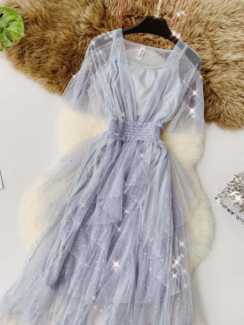 Женский летний короткий рукав-клеш с v-образным вырезом, блестящее Сетчатое газовое платье с блестками элегантное эластичное тонкое асимметричное Тюлевое Плиссированное Платье из вуали