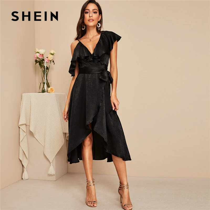 SHEIN Plunging Ruffle Trim Wrap Satin Dress Black Belted Deep V Neck ...