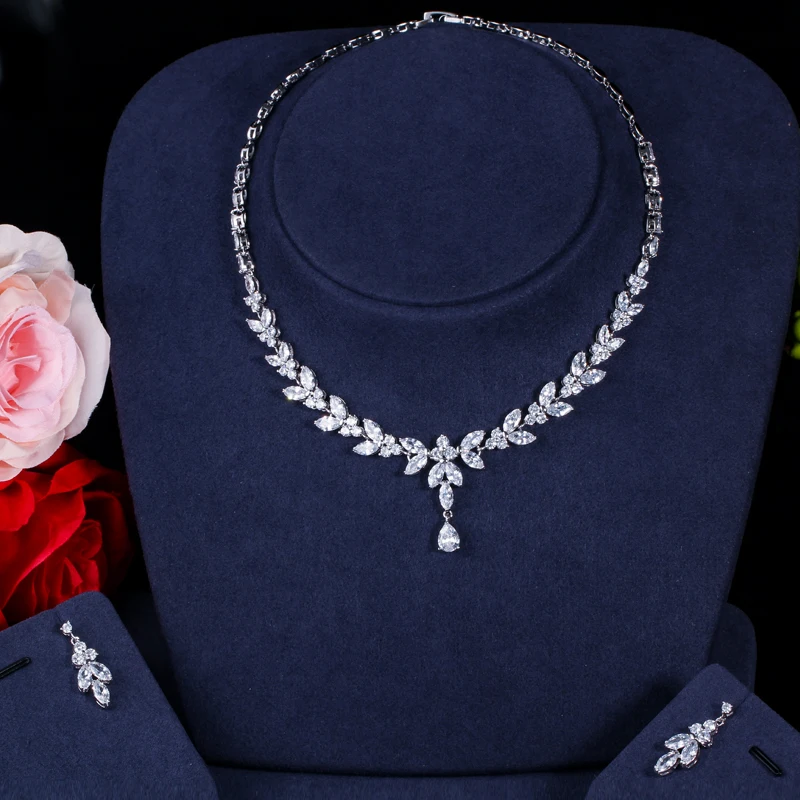 Brilliant Cubic Zircon Party Costume Necklace Earrings Wedding Bridal Jewelry Sets Dress Accessories T326