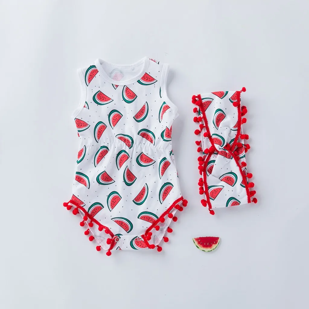 

Toddler Baby Girl Sleeveless Cartoon Print Shell Romper+Headbands Set Outfit newborn clothes kid clothing Onesies roupa infantil