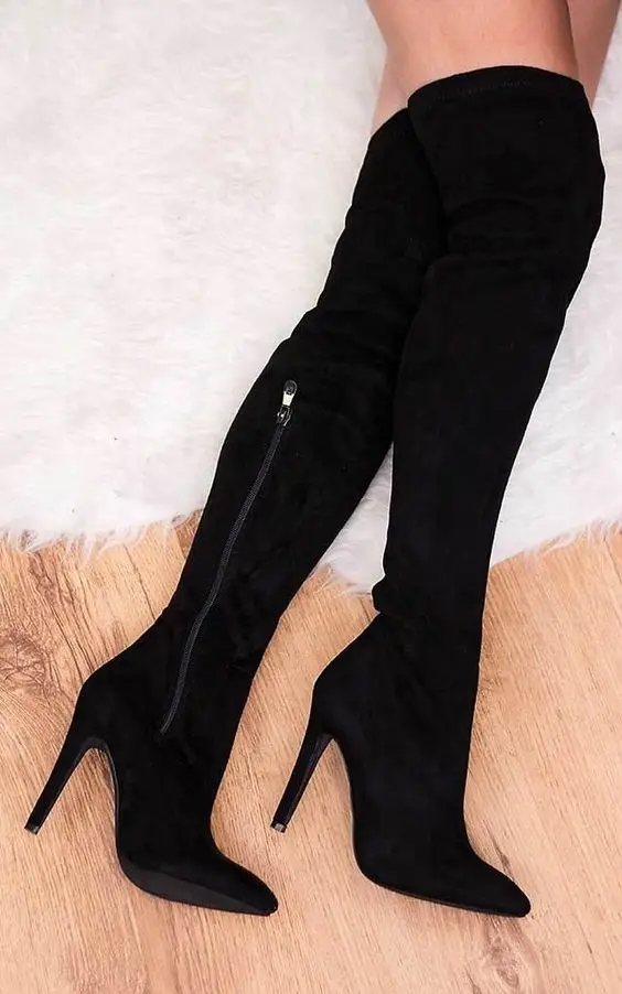 hot selling black suede over the knee boots 2017 sexy pointed toe high heel boots for woman thigh high boots thin heels boots