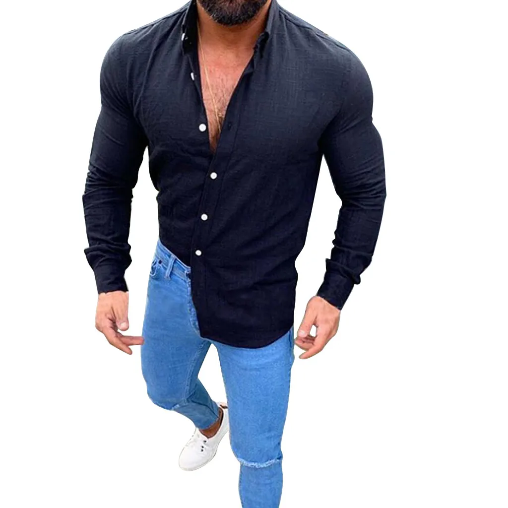 

Men's New Casual Shirts 2019 Spring Long-Sleeved Button-Lapel Top Fashionable Comfortable Solid Color White Linen Shirt Homme