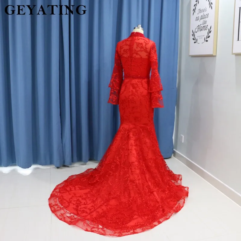 2019 Elegant Muslim Evening Dresses Long Sleeves High Neck Bead Arabic Red Lace Mermaid Prom Dress Dubai Women Formal Party Gown