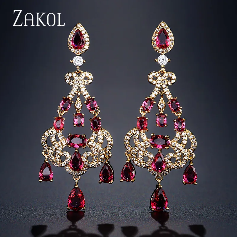 ZAKOL Elegent Evening Dinner Part Wedding Jewelry Luxury Long CZ Crystal Chandelier Drop Dangle Earrings For Brides FSEP2112