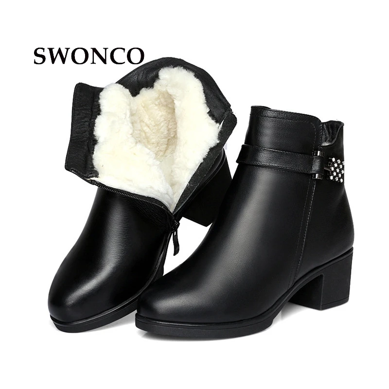 

SWONCO Women's Winter Ankle Boots Genuine Leather Fur Wool Ladies Warm Shoes Women Boots High Heels Rhinestone Woman Winter Boot