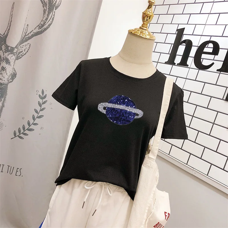 LAAMEI 2019 Summer New Fashion Planet Saturn Women Sequined T-Shirt Female Cotton Short Sleeve O-Neck Tops Tees Harajuku Tshirts LAAMEI 2019 Summer New Fashion Planet Saturn Women Sequined T-Shirt Female Cotton Short Sleeve O-Neck Tops Tees Harajuku Tshirts