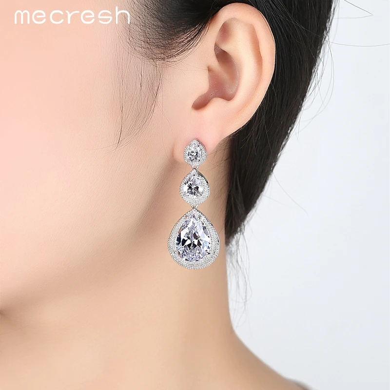 Mecresh Schwarz/Silber Farbe CZ Braut Hängen Ohrringe für Frauen 2018 Hochzeit Party Lange Tropfen Brincos Weihnachten Schmuck EH686