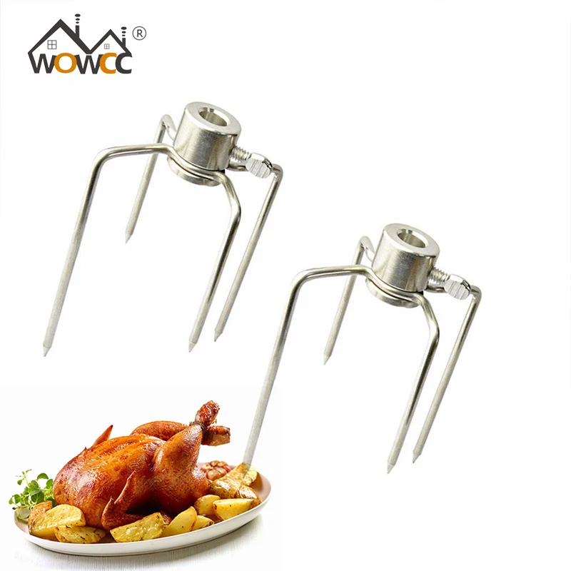 2Pcs BBQ Forks Iron Chrome Plated Rotisserie Forks Spit Charcoal