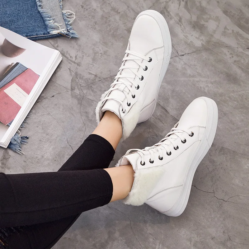 

Jookrrix Platform Black Shoes Women Fashion Brand High Top Sneaker Real Leather Lady chaussure with Fur Female footware White