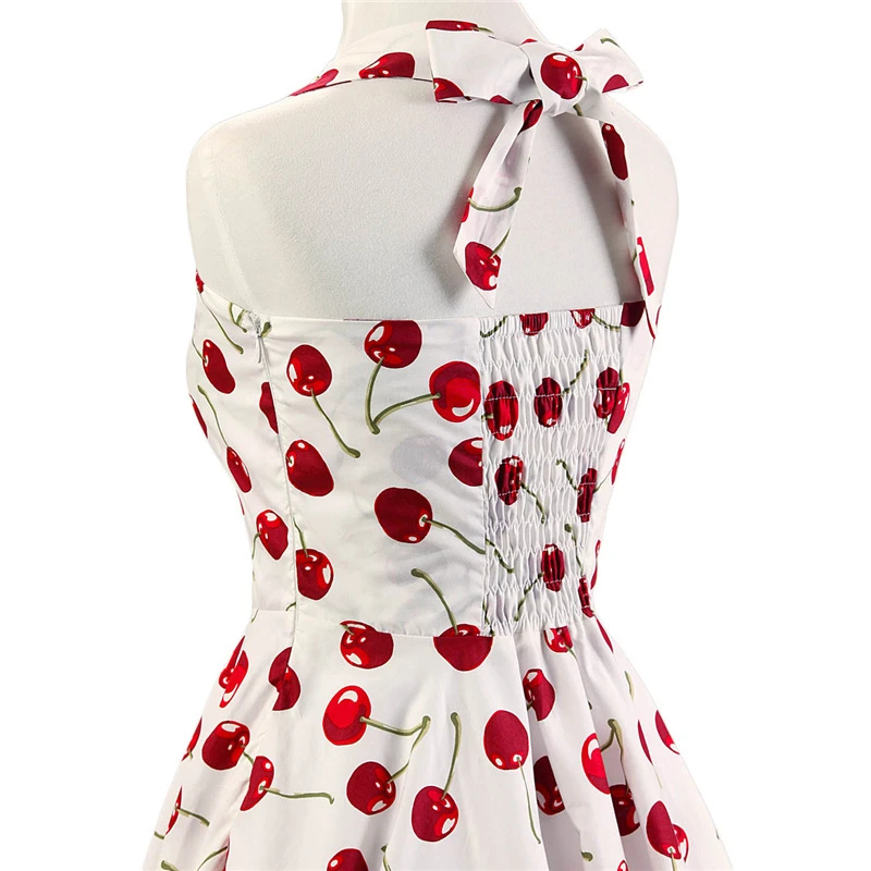 Kostlish 1950s Hepburn Style Women Summer Dress Cotton Halter Cherry Print Vintage Dress Women 2017 Tunic Party Dresses Sundress (7)