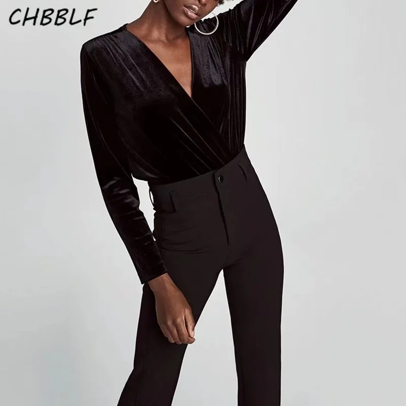 Женское бархатное боди с V образным вырезом и длинным рукавом|sleeve playsuit|fashion