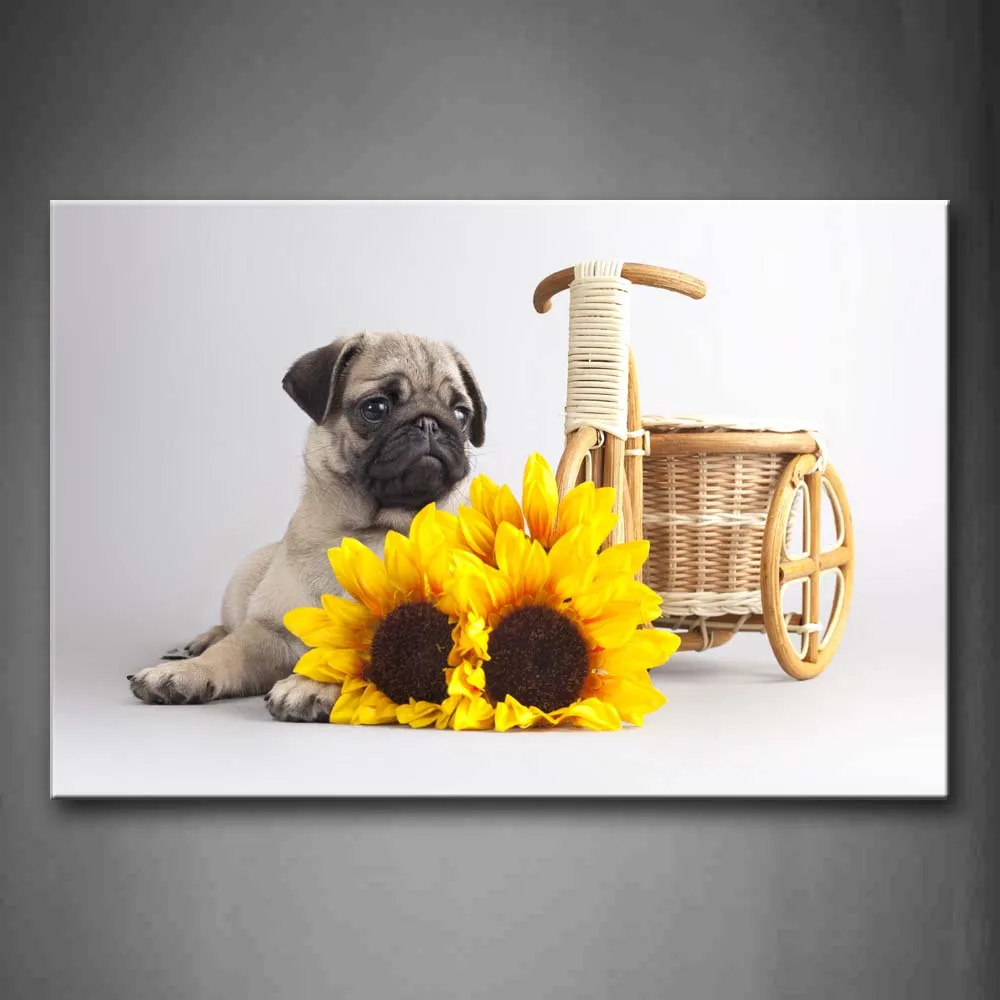 

Framed Wall Art Picture Pug Flower Canvas Canvas Print Animal Modern Poster With Wooden Frame For Home Living Room Decor