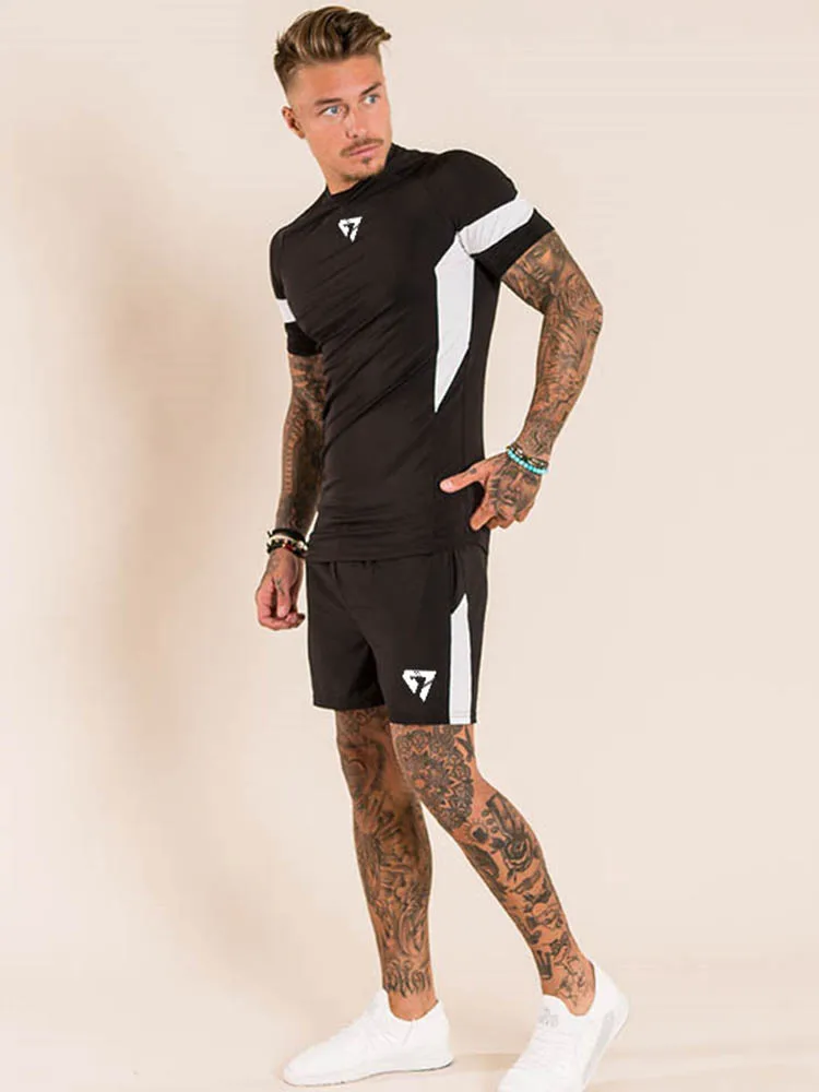GYMOHYEAH Two Piece Set Men T Shirt Top+Shorts Men Tracksuits Quick-drying compression Causal Sportswear Tops Short Trousers