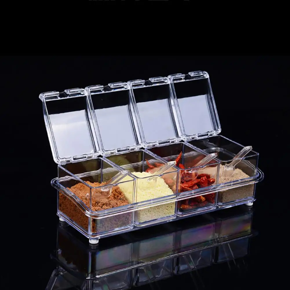 

4 Grid Transparent Salt Sugar Pepper Spice Seasoning Storage Box Kitchen Tool
