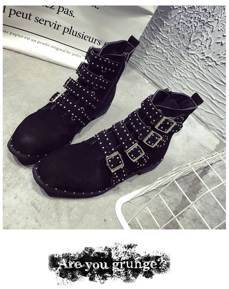HOKSZVZY/черные кожаные ботильоны с шипами женские ботинки на низком каблуке с пряжкой женская обувь размер 42 HYKL-6618