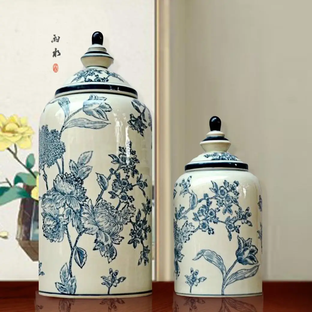 Новая китайская Классическая Ручная роспись элегантные и свежие вазы с декоративным горшком для хранения синий и белый фарфоровый керамический кувшин, ваза - Цвет: one set